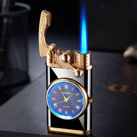Lighter With Electric Watch Rocker Arm Automatic Ignition Straight Blue Flame Lighter Creative Real Dial Inflatable Windproof Lighter Men's Watch (Color: Black ice)